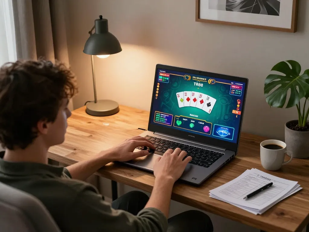 Engaging with TR88 game on a laptop at home, showcasing strategic gameplay and cozy atmosphere.