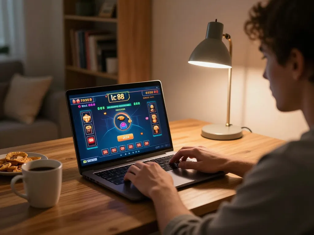 Player enjoying online gaming at lc 88 casino on laptop in a cozy home setting.