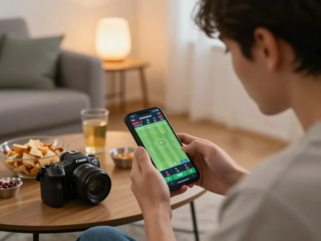 Person engaging in RR88 sports betting using smartphone, showcasing live odds and excitement in a cozy setting