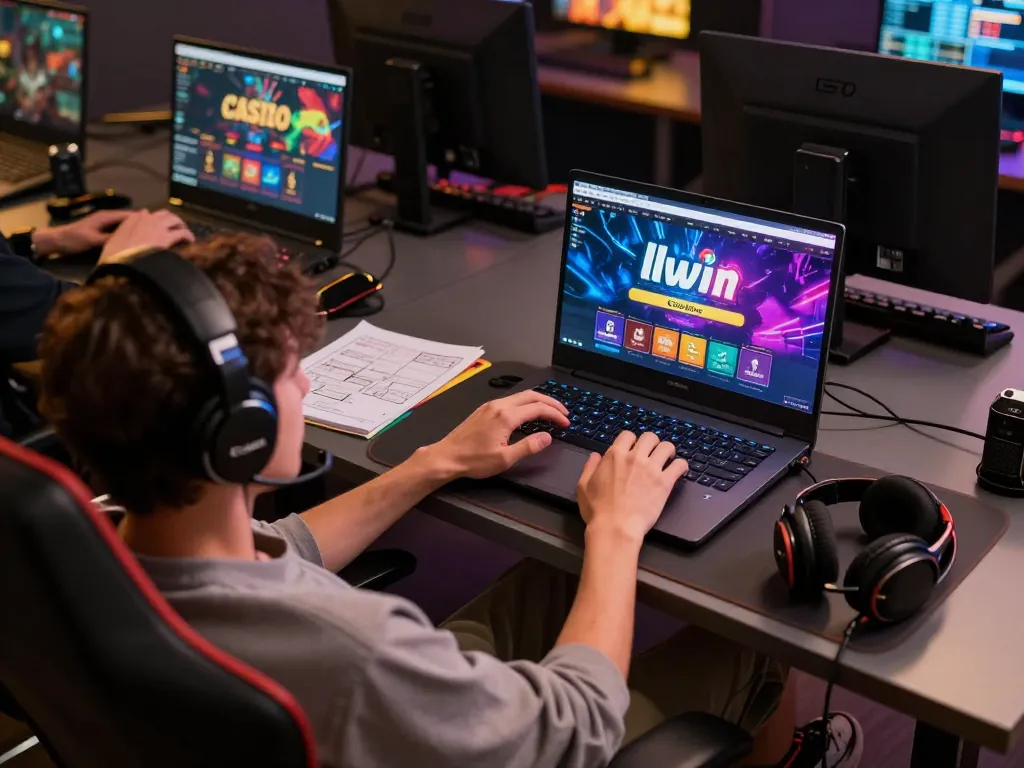 Engaged player using llwin online casino interface on a laptop, enhancing the gaming experience