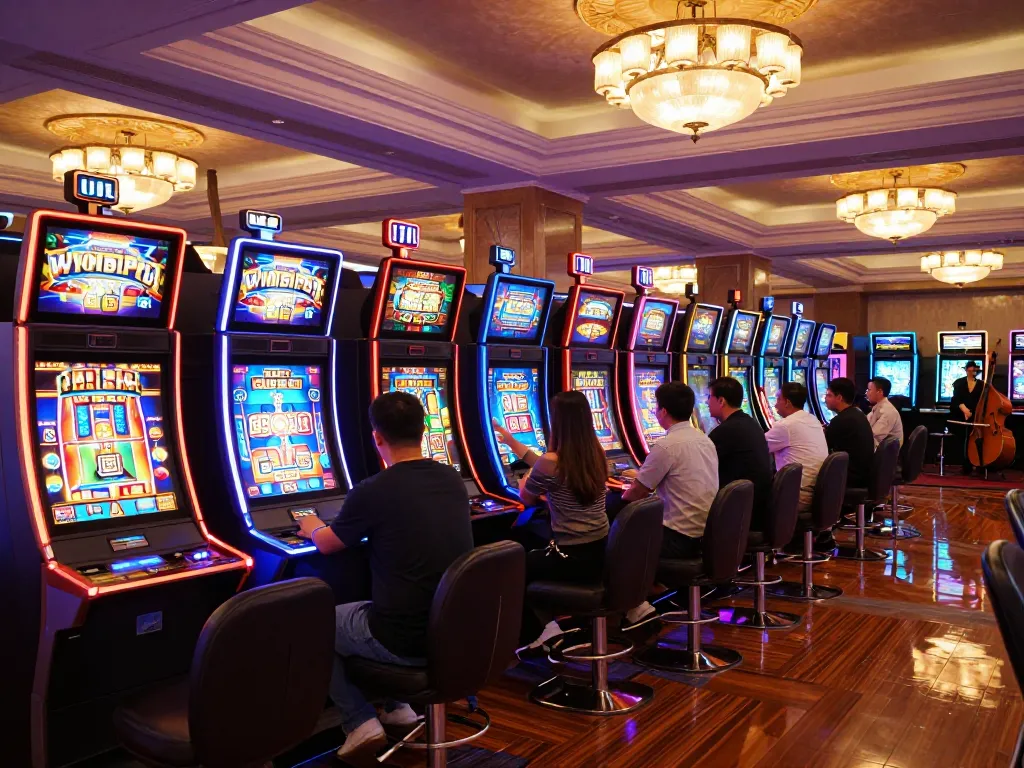 Players winning at slot gacor machines in a lively casino atmosphere, celebrating wins