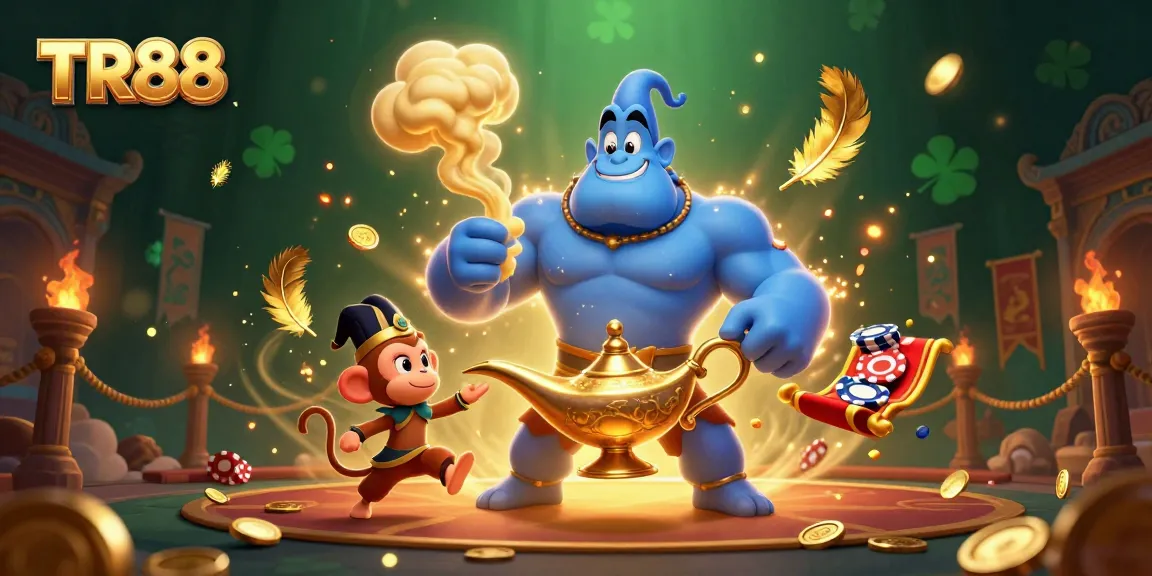 TR88 showcases a dynamic gambling scene with a genie and monkey amidst poker chips and fortune elements.