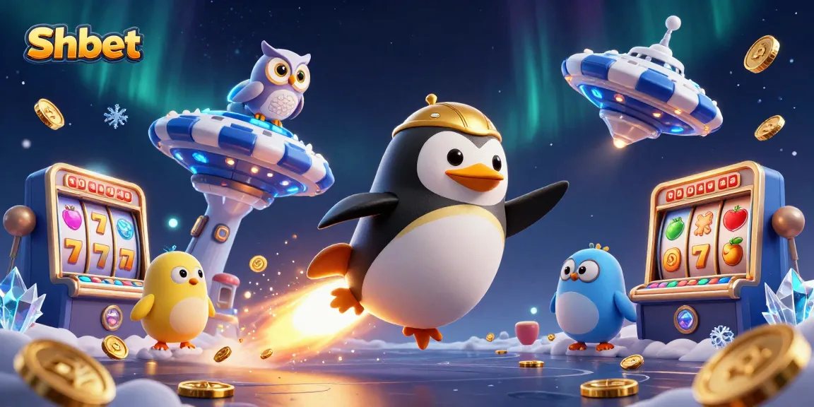 Shbet features a golden penguin and vibrant slots exploding with excitement in a dynamic casino scene.