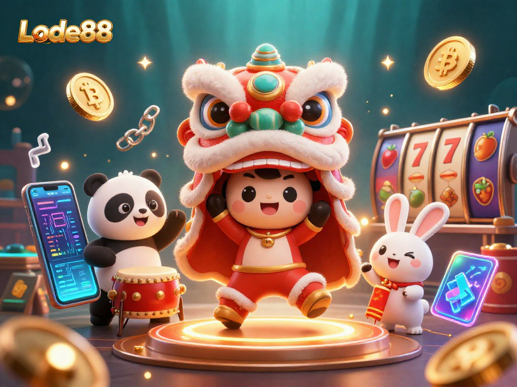 Lode88 casino scene featuring a vibrant lion dance with crypto symbols and slot elements.