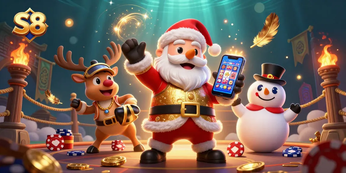Engage in thrilling gambling action with S8’s festive casino scene featuring Santa, reindeer, and snowman.