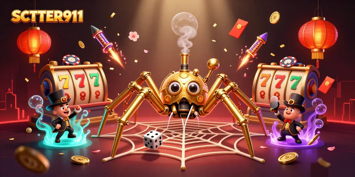 Engage with SCATTER911 through an enchanting 3D casino illustration featuring a golden spider amidst vibrant slot elements.