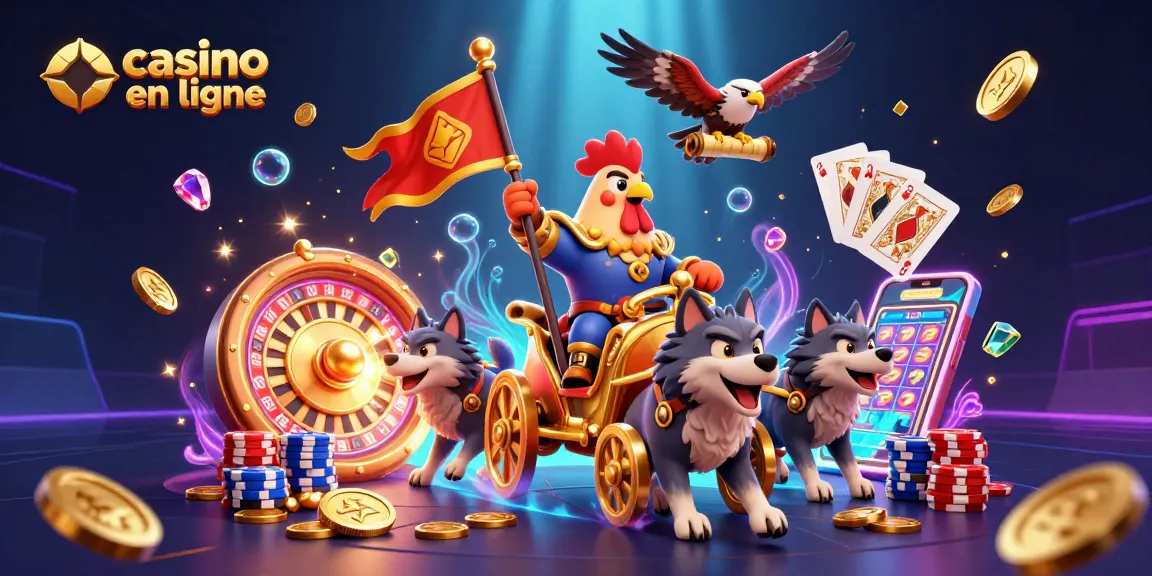 Jouez au casino en ligne avec des éléments animés et colorés représentant des gains et des jeux.