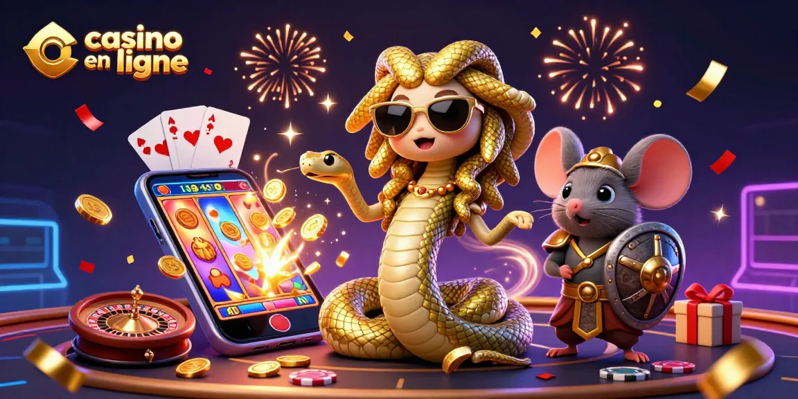 Jouer au casino en ligne : Medusa et un guerrier souris au sein d'un univers festif.