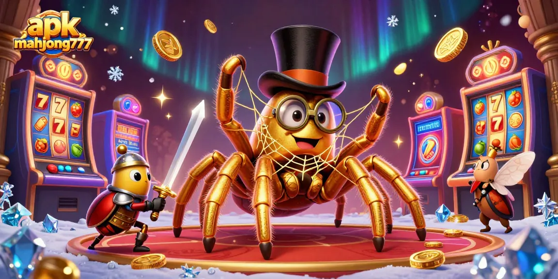 Engage with apk mahjong777 by exploring vibrant slot machines and playful characters in this casino-themed illustration.