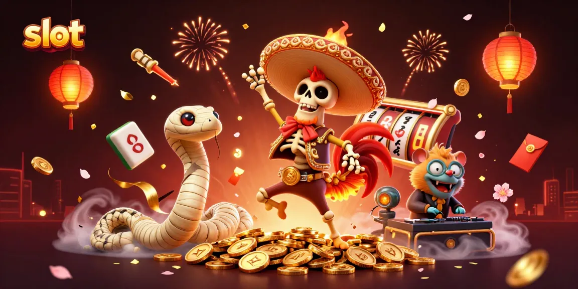 Slot-themed artwork displaying vibrant characters celebrating wins, including a dancing rooster and a DJ hamster.