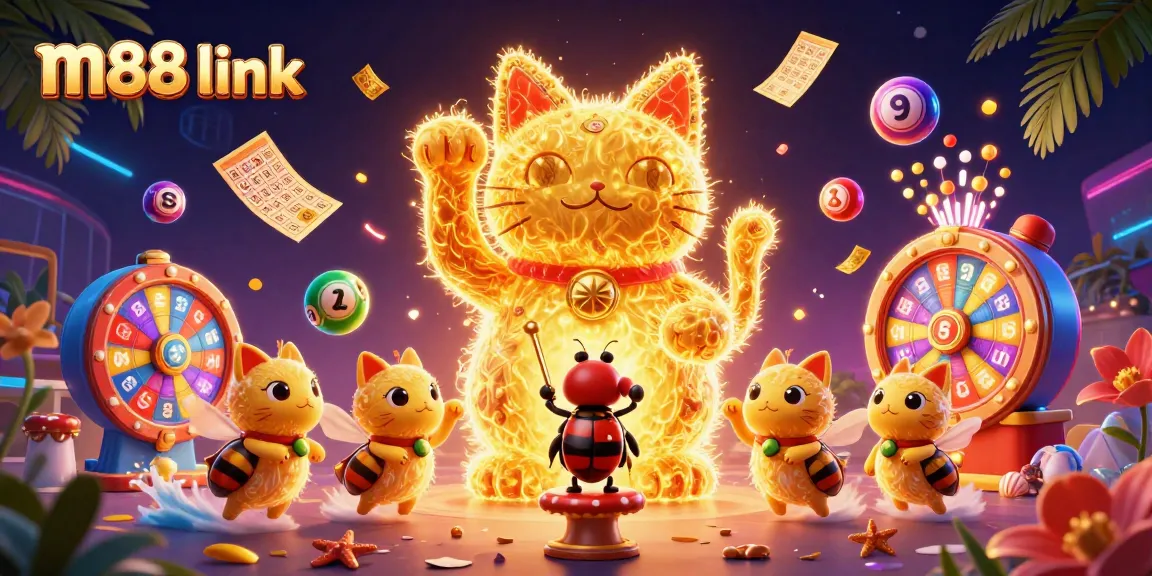 Experience the excitement of m88 link with a vibrant illustration of a lucky cat and dynamic casino elements.