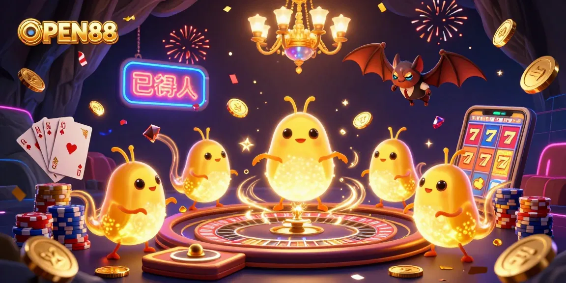 Join the excitement at OPEN88 as glowworms illuminate a vibrant casino scene filled with gambling treasures.