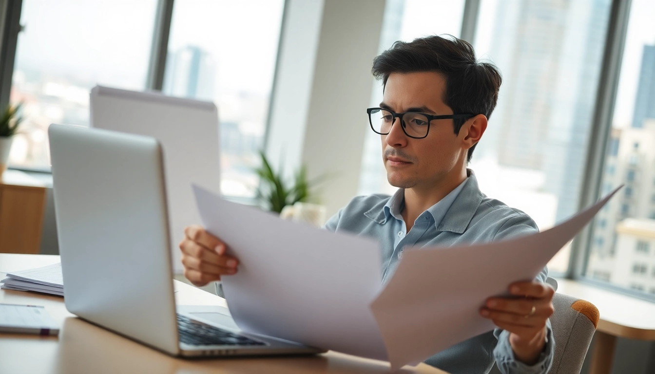 Consultant analyzing contracts and grants in a modern office setting.