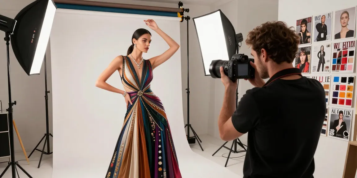 Studio photographique Milano avec modèle en robe de créateur, éclairage professionnel et ambiance créative.
