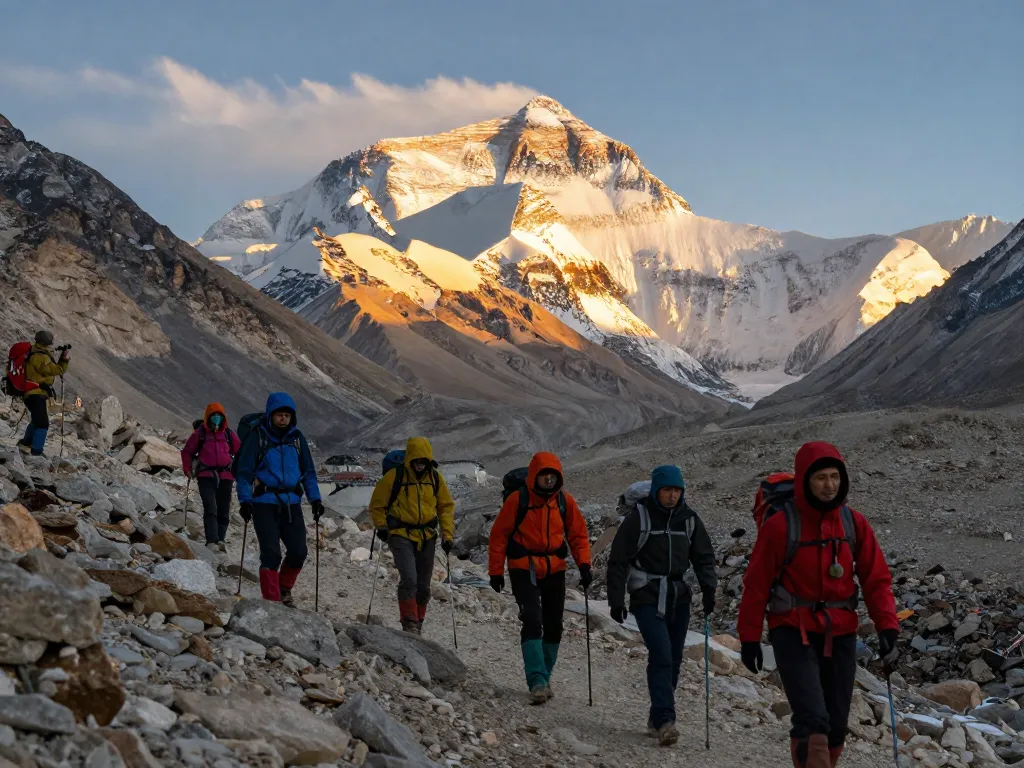 Everest Base Camp Trek with travelers exploring breathtaking mountain views and capturing memories.