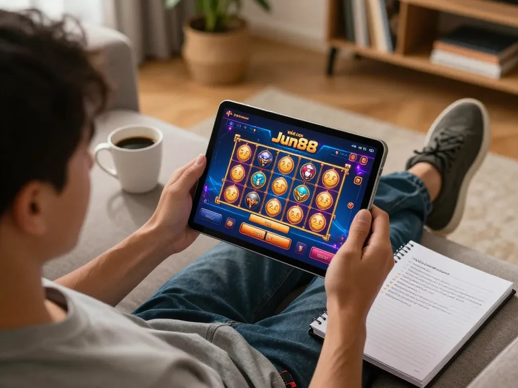 Player enjoying online gaming at Nhà cái Jun88 on a tablet, showcasing vibrant slot game graphics in a cozy living room.
