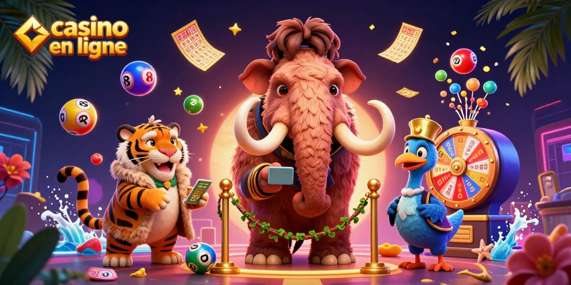 Casino en ligne vibrant avec un mammouth et un tigre, entouré de boules de loterie colorées.