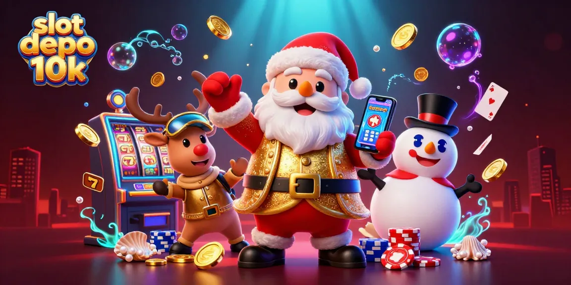 Play slots now at slot depo 10k with winning jackpots and festive characters in a vibrant casino scene