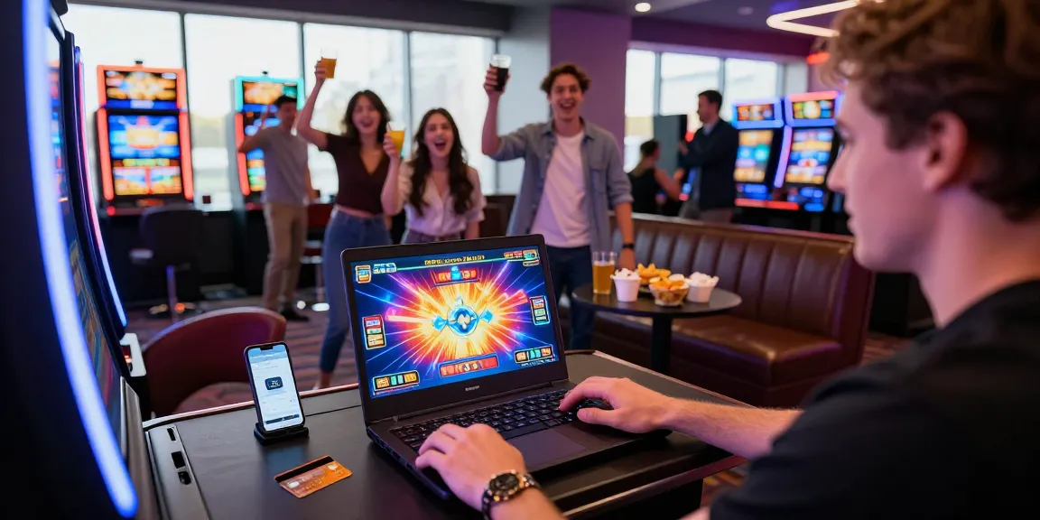 Exciting gameplay at a credit card casino with a laptop, credit card, and friends celebrating together.