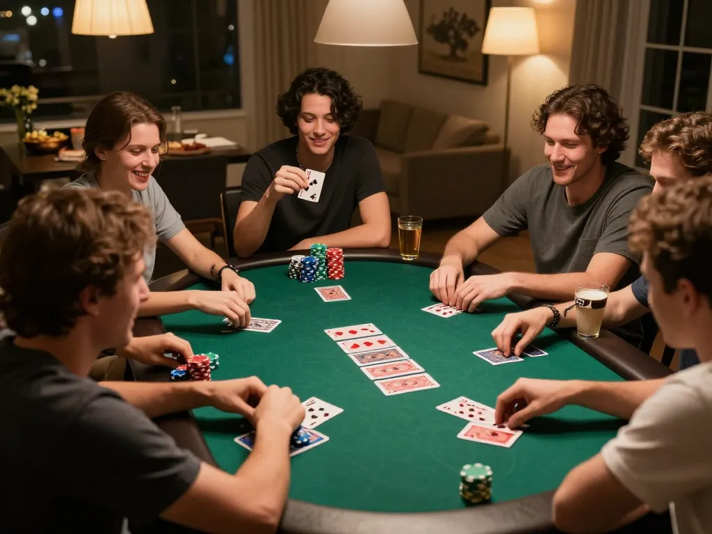 Siti non AAMS che si divertono con una serata di poker in una casa accogliente con un'atmosfera vivace