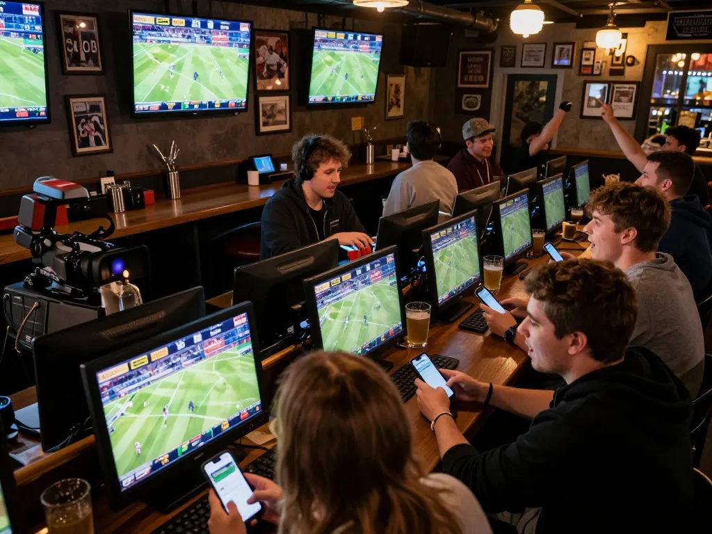 Live sports betting excitement at nhà cái 388bet with fans cheering and using betting apps