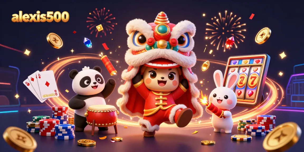 Experience the excitement of alexis500 with a vibrant lion dance illustration filled with casino elements.