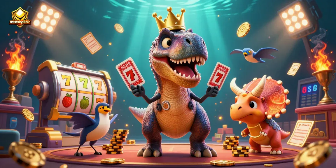 Engage in thrilling gameplay with missinglink's energetic casino scene featuring a T-Rex and friends.