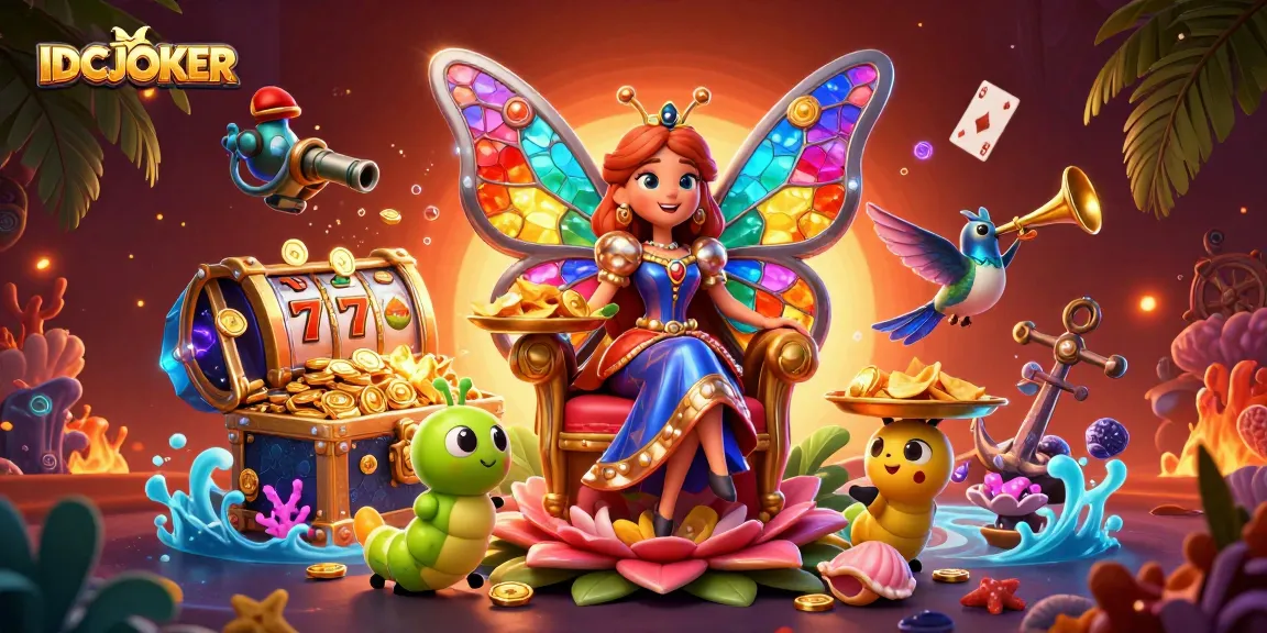 IDCJOKER engages players with a magical scene featuring slots, gemstone queen, and cascading treasures.