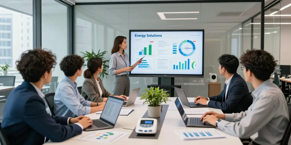 Team discussing business electricity half hourly meter solutions in modern office setting.