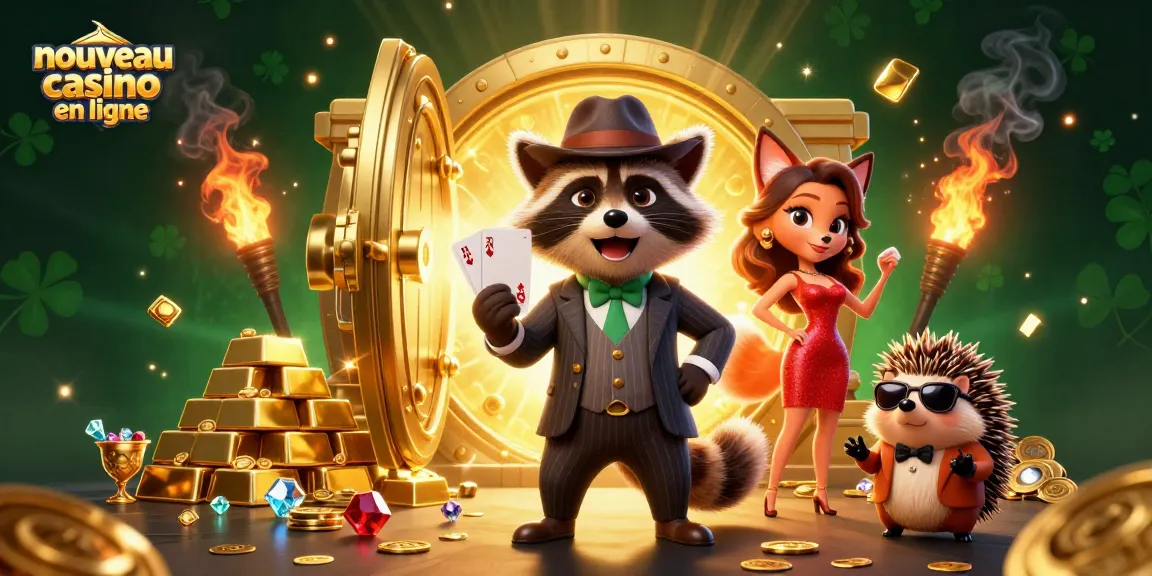 Créer des gains sur nouveau casino en ligne avec des personnages animés et des éléments de jeu, entouré de trésors.