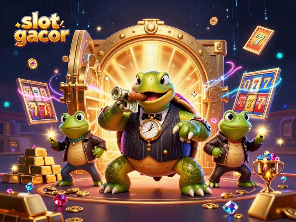 Visualisasikan slot gacor dengan penyu besar dalam jas mobster, simbol slot, dan kerlap-kerlip sehingga para pemain terpesona.