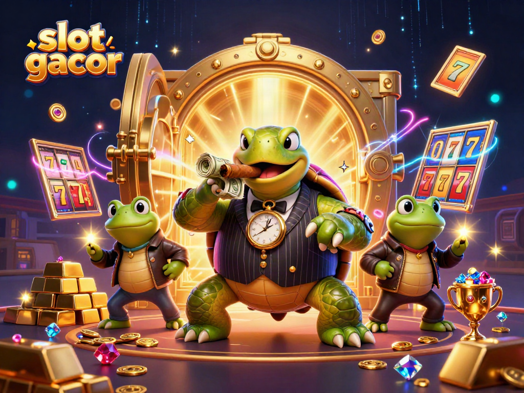 Visualisasikan slot gacor dengan penyu besar dalam jas mobster, simbol slot, dan kerlap-kerlip sehingga para pemain terpesona.