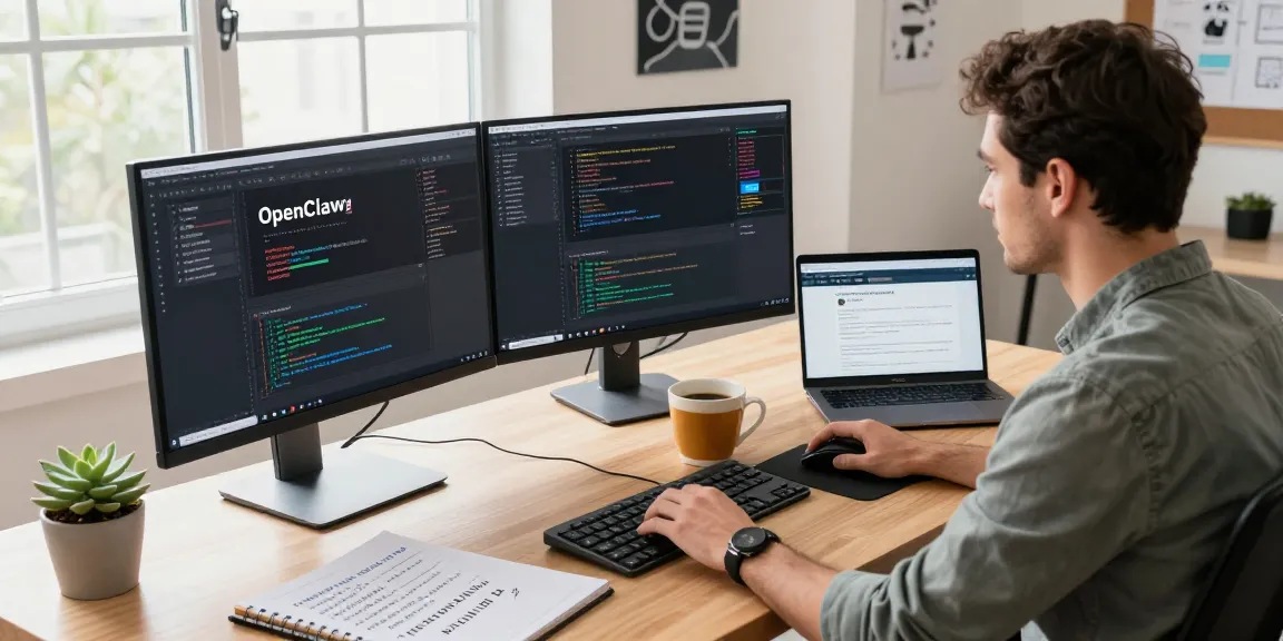 Developer focused on openclaw skills at a modern workspace with dual monitors and coding tools.