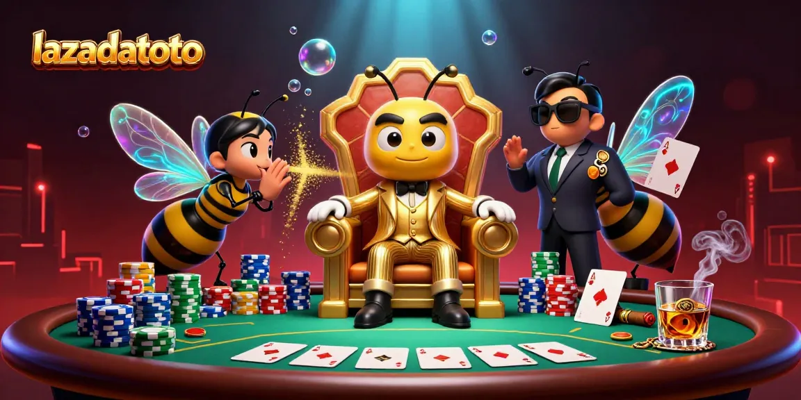 Lazadatoto players enjoy intense poker action in a vibrant casino illustration featuring a bumblebee mob boss.