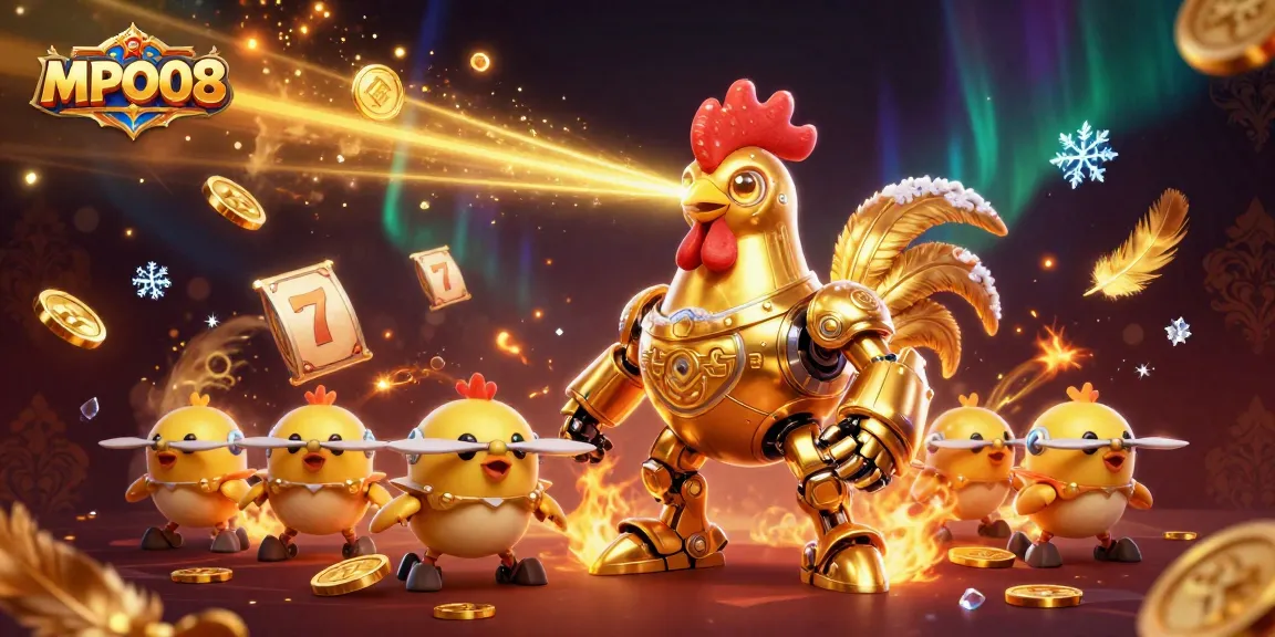 MPO08 offers thrilling slot gameplay featuring a futuristic golden rooster robot and dynamic gameplay elements.