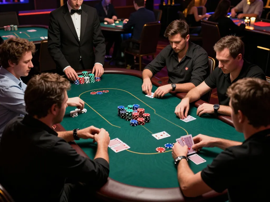 Engaged players at the 98win poker tournament analyzing their hands in a vibrant casino atmosphere.