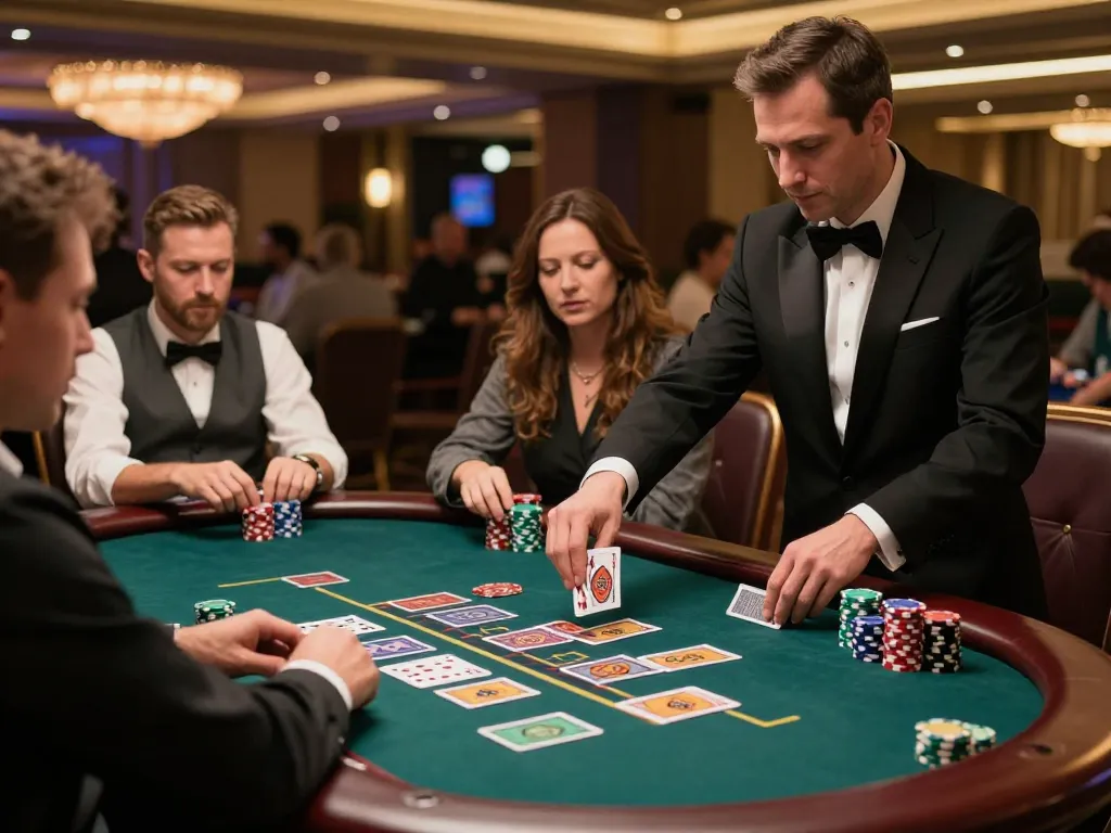 Players strategizing at 555win's blackjack table in an upscale casino atmosphere