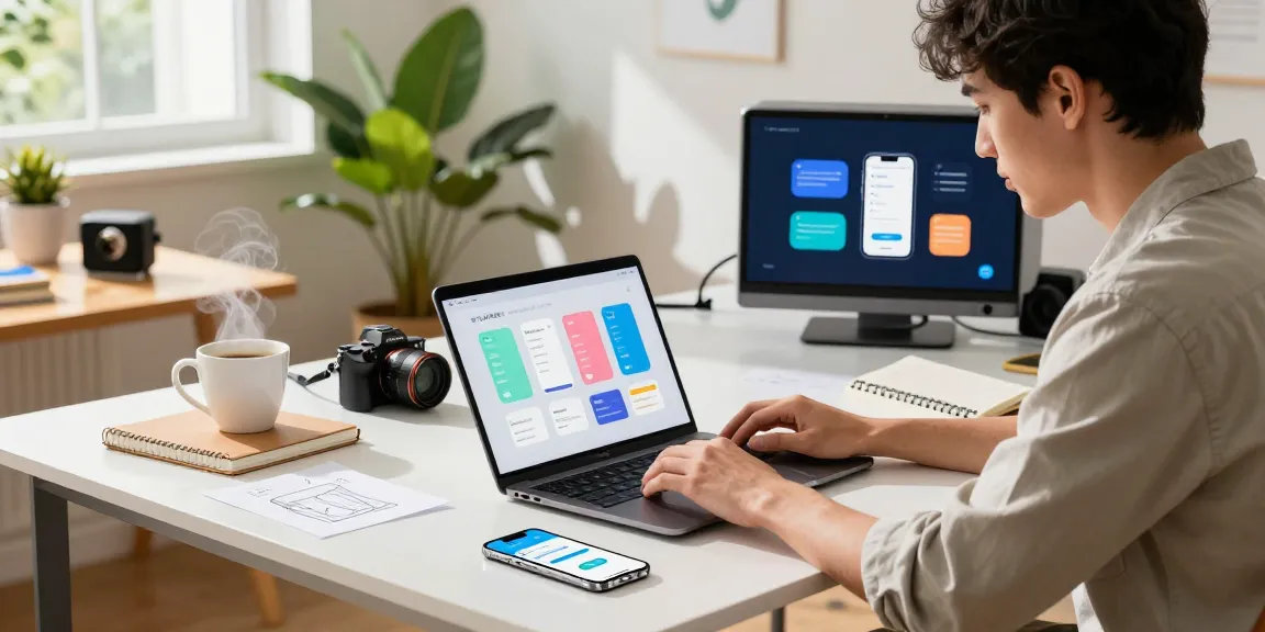 Engaging workspace for 纸飞机中文版 featuring a professional using a laptop with design sketches, gadgets, and coffee, set in a bright modern office.