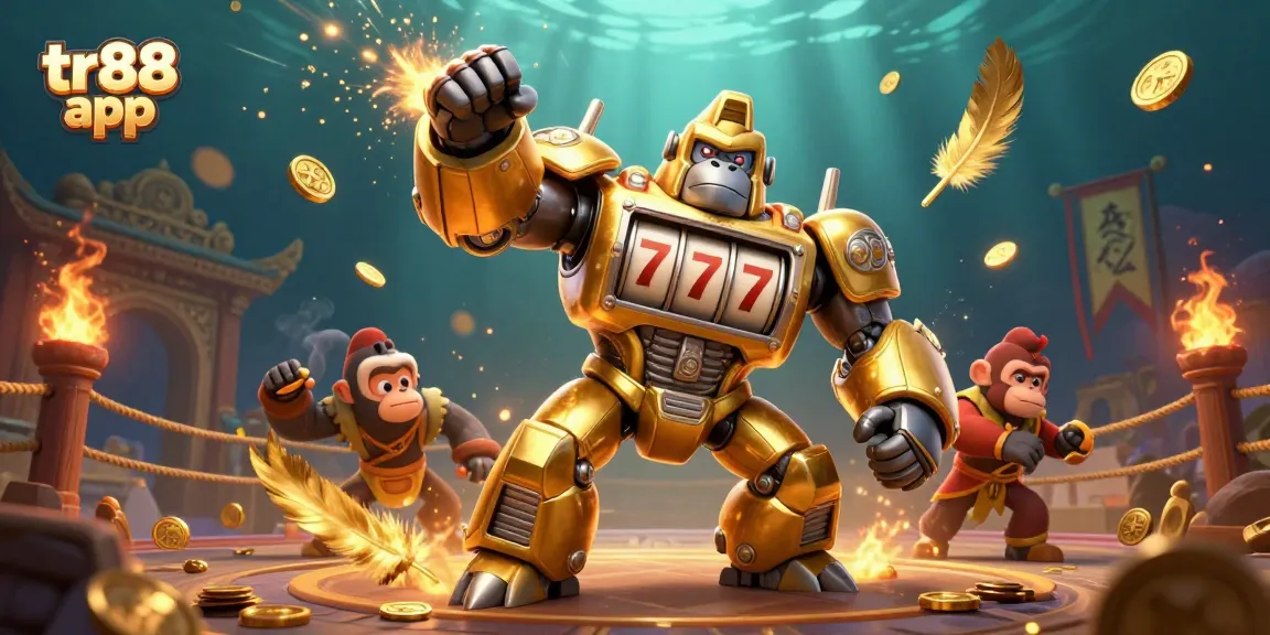 Engage with the thrilling tr88 app casino adventure in this vibrant 3D scene featuring the golden gorilla mech!