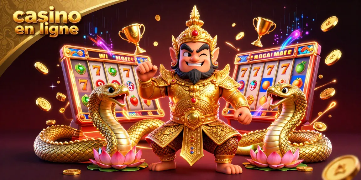 Action jubilatoire au casino en ligne avec des gardiens du temple et une machine à sous en arrière-plan.