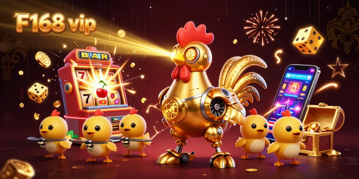 Engage with F168 vip in a vibrant casino scene featuring a golden rooster robot and treasure bursts.