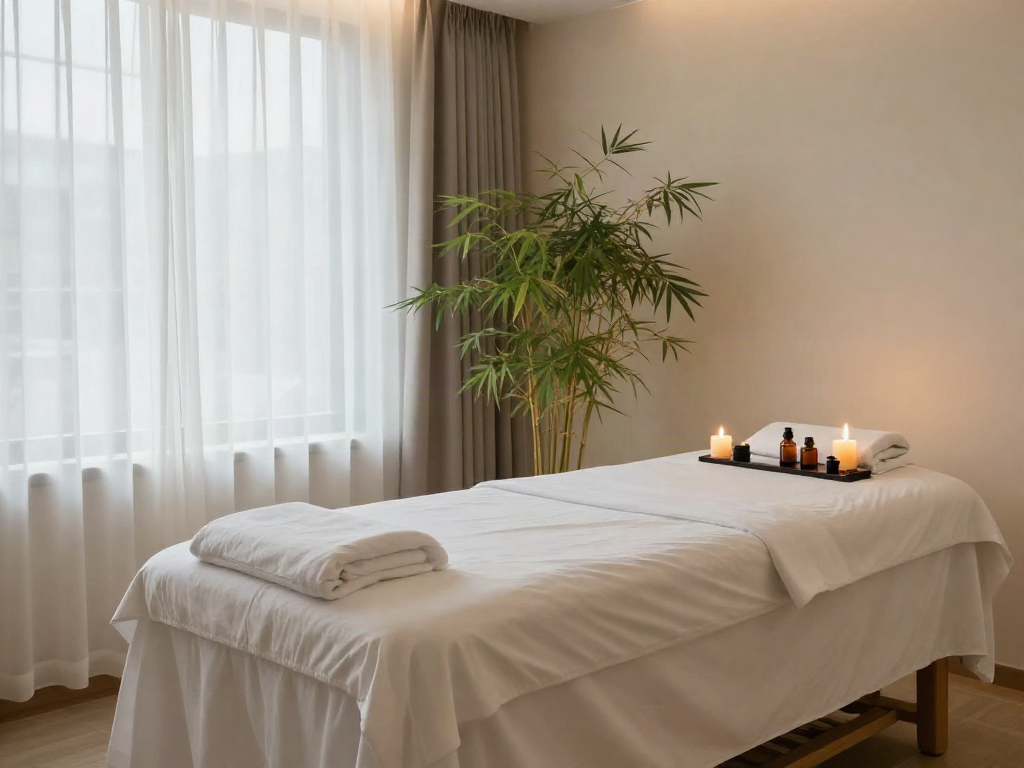 Tranquil 천호동출장마사지 spa room with massage table, candles, and soft lighting.