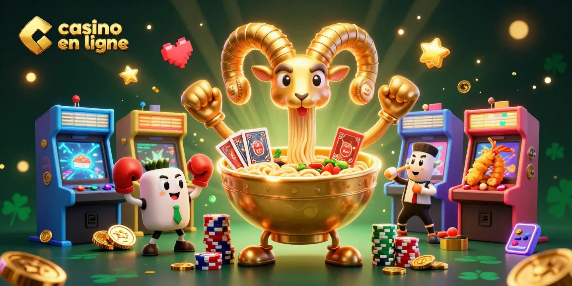 Jouer à casino en ligne avec une illustration colorée d'un bol de ramen géant et ses acolytes.