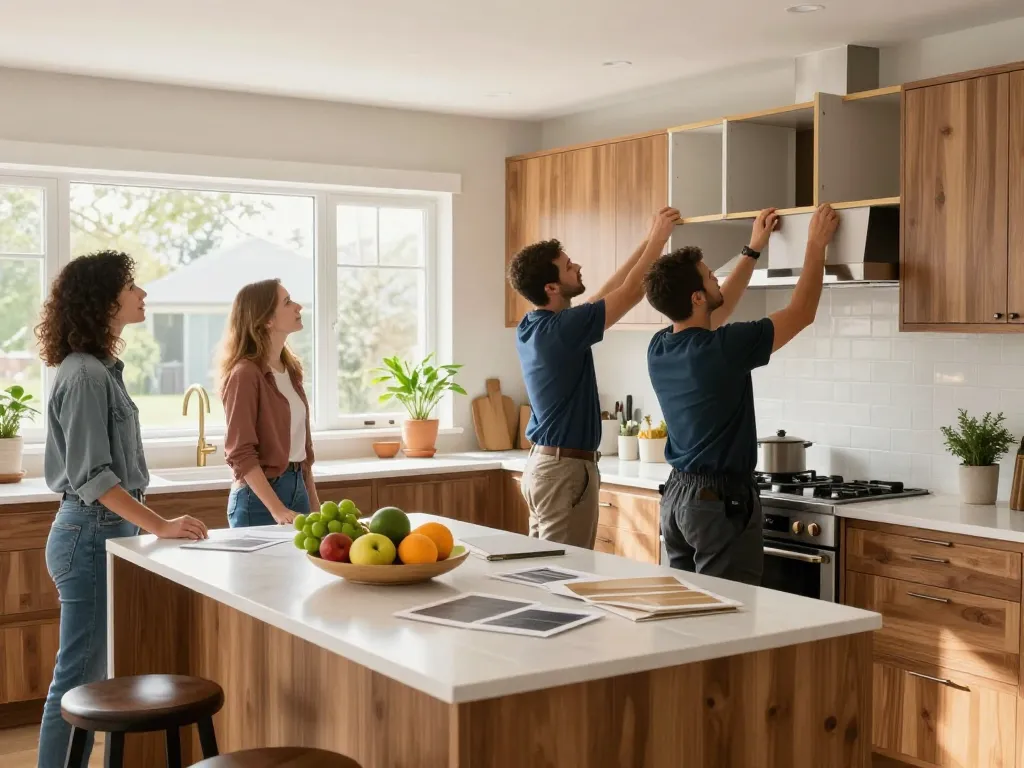Home remodeling contractors measuring cabinetry in a stylish kitchen renovation, featuring bright natural light.