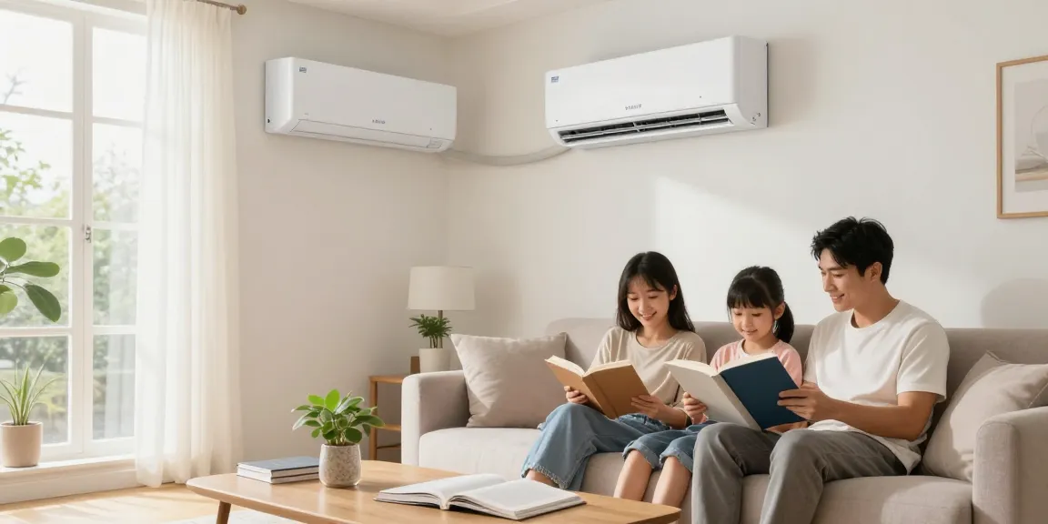 Living room with a mini split 12000 btu air conditioner providing comfort to a family enjoying quality time.