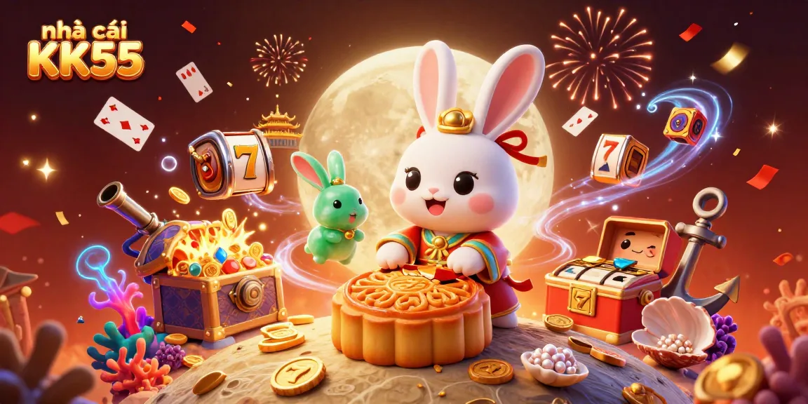 Experience the excitement of nhà cái KK55 with a charming moon rabbit illustration showcasing festive casino elements.