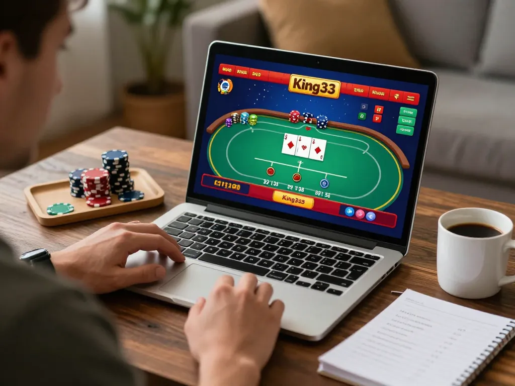 Player strategizing and betting at home using king33 online casino platform on laptop.