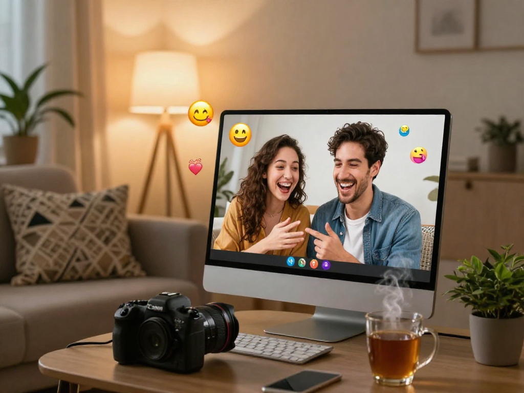 Young couple laughing during a porn chat ai session on video call, showcasing modern digital connection.