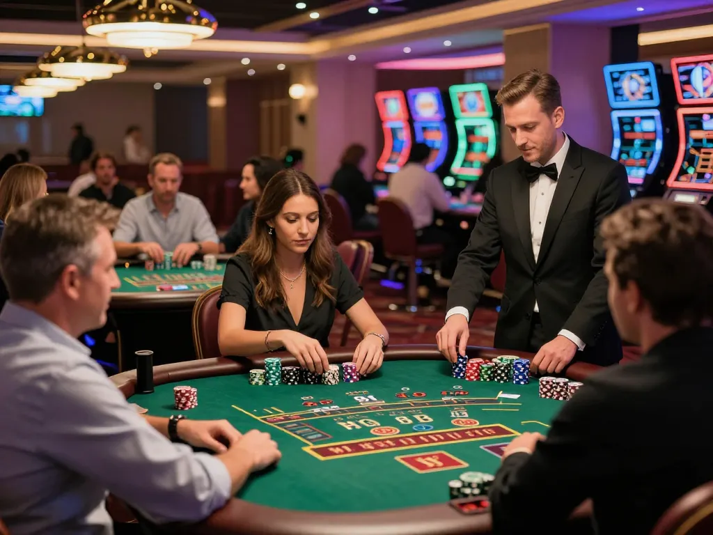 A lively casino scene at 8xbet showcasing players engaging in various games with vibrant lights and dynamic atmosphere.