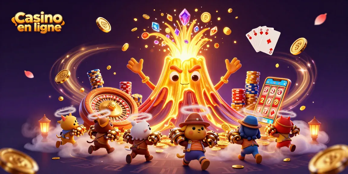 Explorez un casino en ligne mystérieux avec un volcan doré projetant des richesses et des trésors.